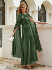 Long cape A-line gemstone collar chiffon mother of the bride dress