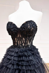 Strapless Tulle Sweetheart Tiered A-Line Long Prom Dress with Ruffles