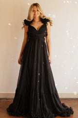 Magenta Chiffon Lace-Up Ruffle Belted A-Line Prom Dress