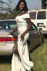 White Asymmetrical Mermaid Long Bridesmaid Dress with Slit