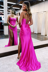 Royal Blue Lace-Up Back Pleated Satin Long Prom Dress with Slit
