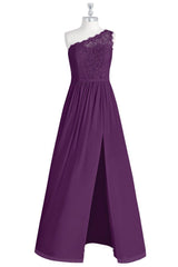 Purple Lace One-Shoulder A-Line Long Bridesmaid Dress with Slit