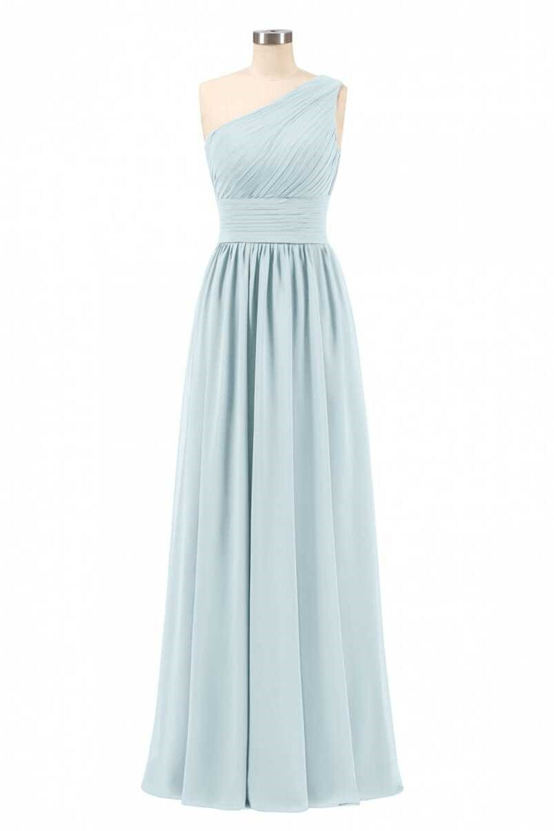 Stoffige blauwe chiffon one-shoulder gebonden taille bruidsmeisje jurk