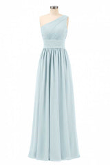 Stoffige blauwe chiffon one-shoulder gebonden taille bruidsmeisje jurk