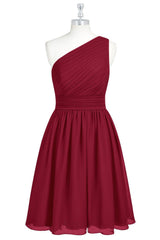 Wine Red Chiffon One-Shoulder verzamelde korte bruidsmeisje jurk