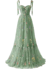 A-line Sleeves Straps Embroidery Tulle Prom Dress