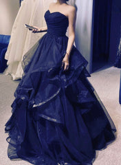 Navy Blue Layers Tulle Sweetheart Long Prom Dress, Navy Blue Party Dress