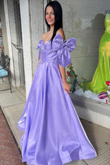 Bowknot Off Shoulder Fuchsia A-Line Corset Gala Prom Dress
