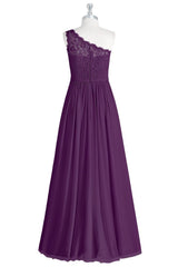 Purple Lace One-Shoulder A-Line Long Bridesmaid Dress with Slit