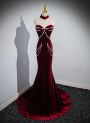 Wine Red Sweetheart Velvet Mermaid Long Formal Party Dress HZ0319