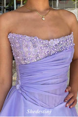Tiered Lavender Beaded Sequin Strapless Prom Dress with A-Line