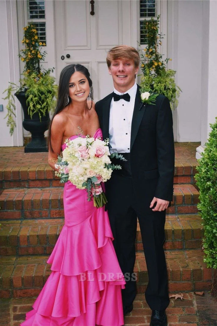 Mermaid Sweetheart Hot Pink Tiered Satin formal dresses Bridesmaid Dresses evening gown Prom Dress