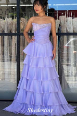 Tiered Lavender Beaded Sequin Strapless Prom Dress with A-Line