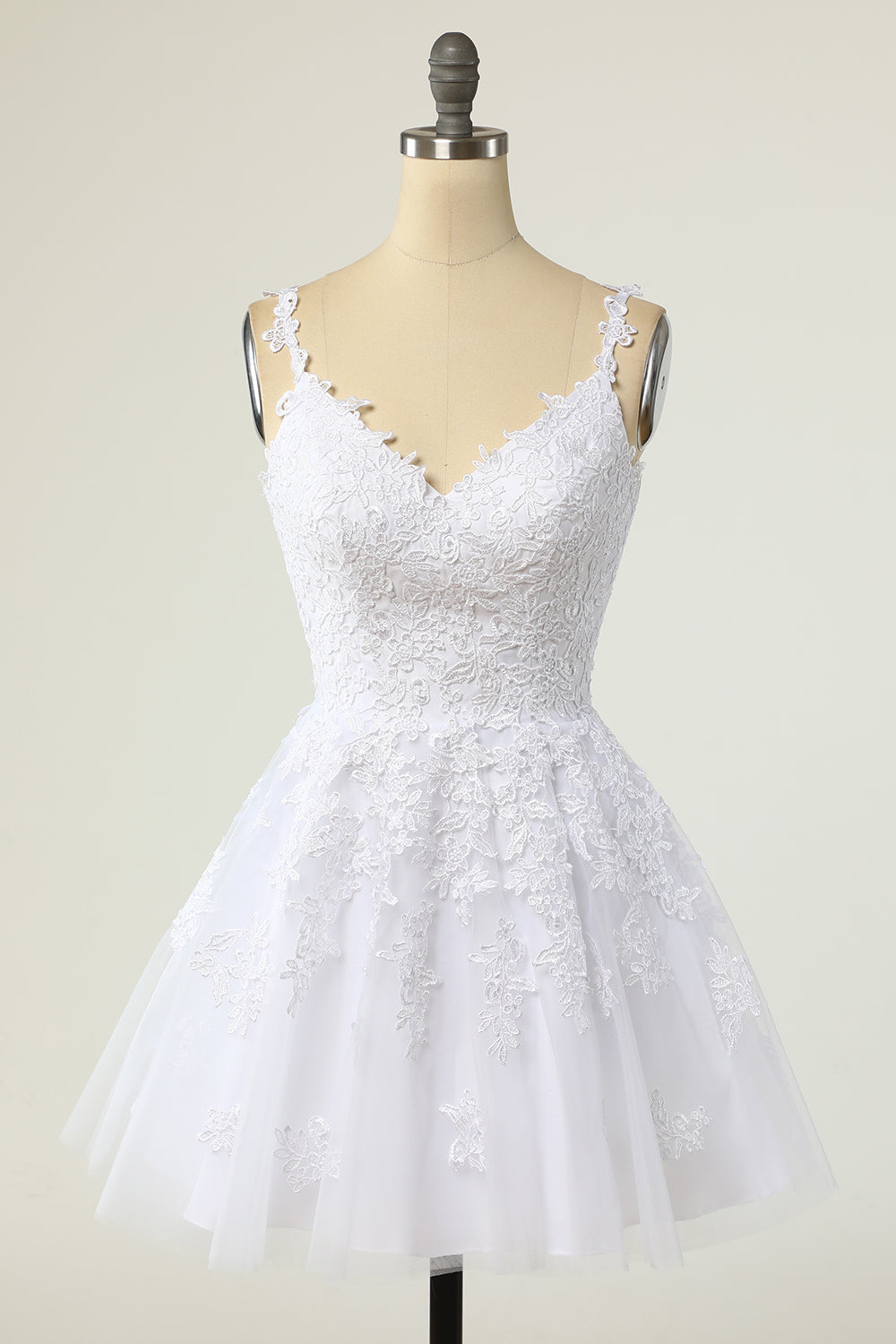 White Appliques V-Neck Lace-Up A-Line Short Party Dress