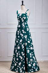 Emerald Print Square Neck Maxi Dress with Slit