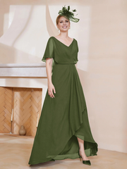 V-neck ruffle sleeves asymmetrical mother of the bride dress