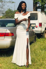 White Asymmetrical Mermaid Long Bridesmaid Dress with Slit
