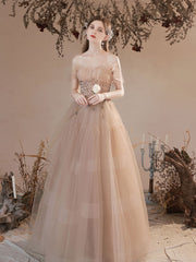Champagne tulle long prom dress, A line tulle formal dress