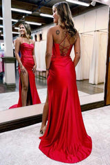 Royal Blue Lace-Up Back Pleated Satin Long Prom Dress with Slit