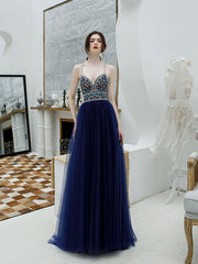 Blue backless tulle long prom dress, blue tulle formal dress