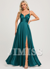 A-line V-neck floor-length pleated satin prom dress