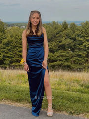 Sheath Simple Spaghetti Straps Navy Blue Satin Pleated Slit Long formal dresses Bridesmaid Dresses evening gown Prom Dress