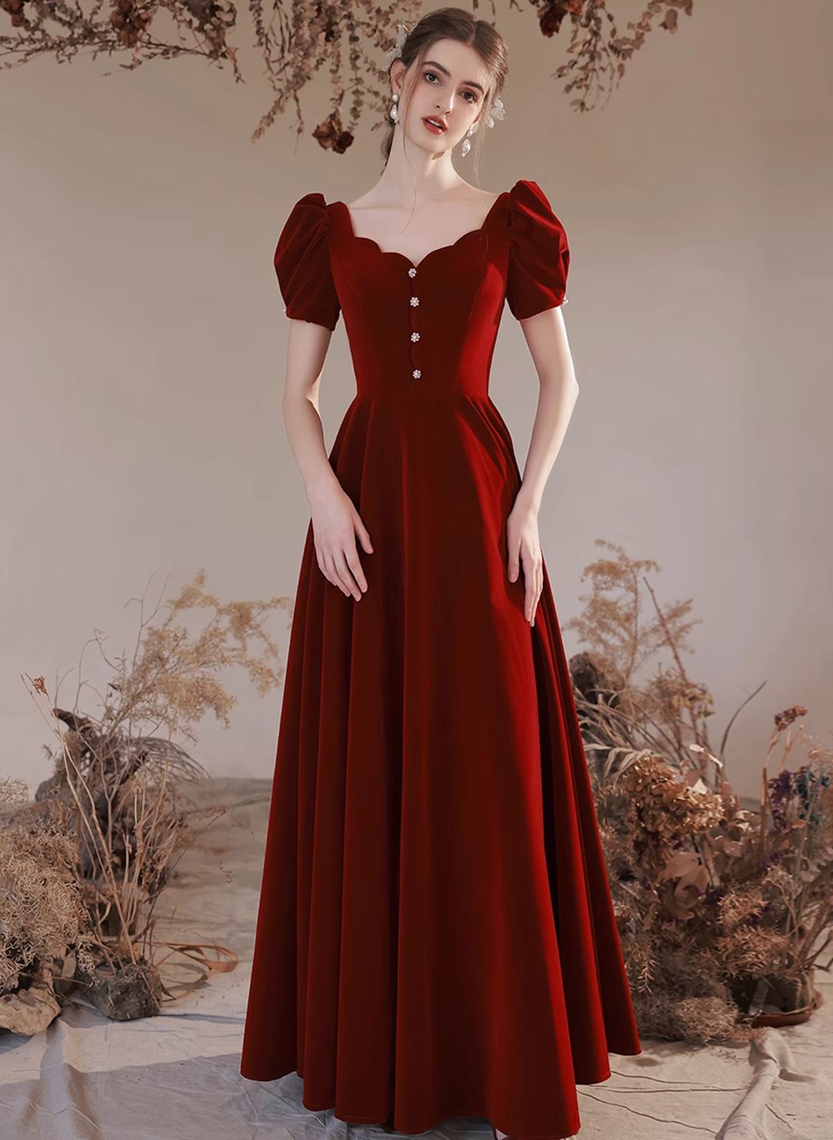 Wine Red Velvet Short Sleeves Long Wedding Party Dress, Wine Red A-line Prom Dress