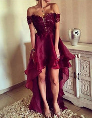 Off Shoulder High Low Organza Backless Maroon Lace Prom Dress, High Low Formal Dress, Maroon Lace Graduation Dress, Maroon High Low Homecoming Dress