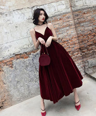 Eenvoudige Bourgondische thee -lengte prom -jurk, Bourgondische bruidsmeisje jurk