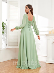 A-line V Neck Long Sleeves Ruffle Chiffon formal dresses Bridesmaid Dresses evening gown Prom Dress