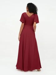 Bow fluttering sleeves chiffon bridesmaid dress