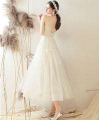White sweetheart A line tulle tea length prom dress bridesmaid dress