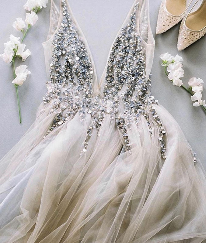 Gray v neck tulle sequin beads long prom dress, gray tulle evening dress