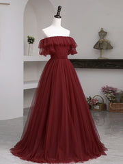 Simple burgundy tulle A line evening dress, burgundy evening dress