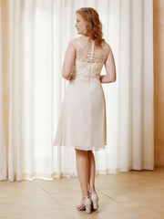 Illusionary collar with ruffled edges and knee length mother of the bride dress
