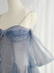 Blue sweetheart tulle long prom dress, tulle formal dress