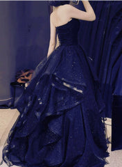 Navy Blue Layers Tulle Sweetheart Long Prom Dress, Navy Blue Party Dress