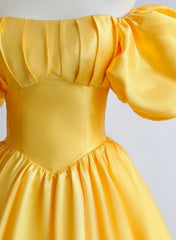 Yellow A-line Satin Off Shoulder Prom Dress, Yellow Evening Dress
