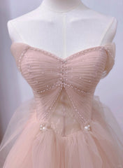Pink A-line Tulle Beaded Off Shoulder Long Party Dress, Pink Tulle Prom Dress