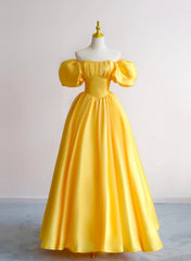 Yellow Satin Short Sleeves Party Dress, Yellow Satin Prom Dress Formal Dress