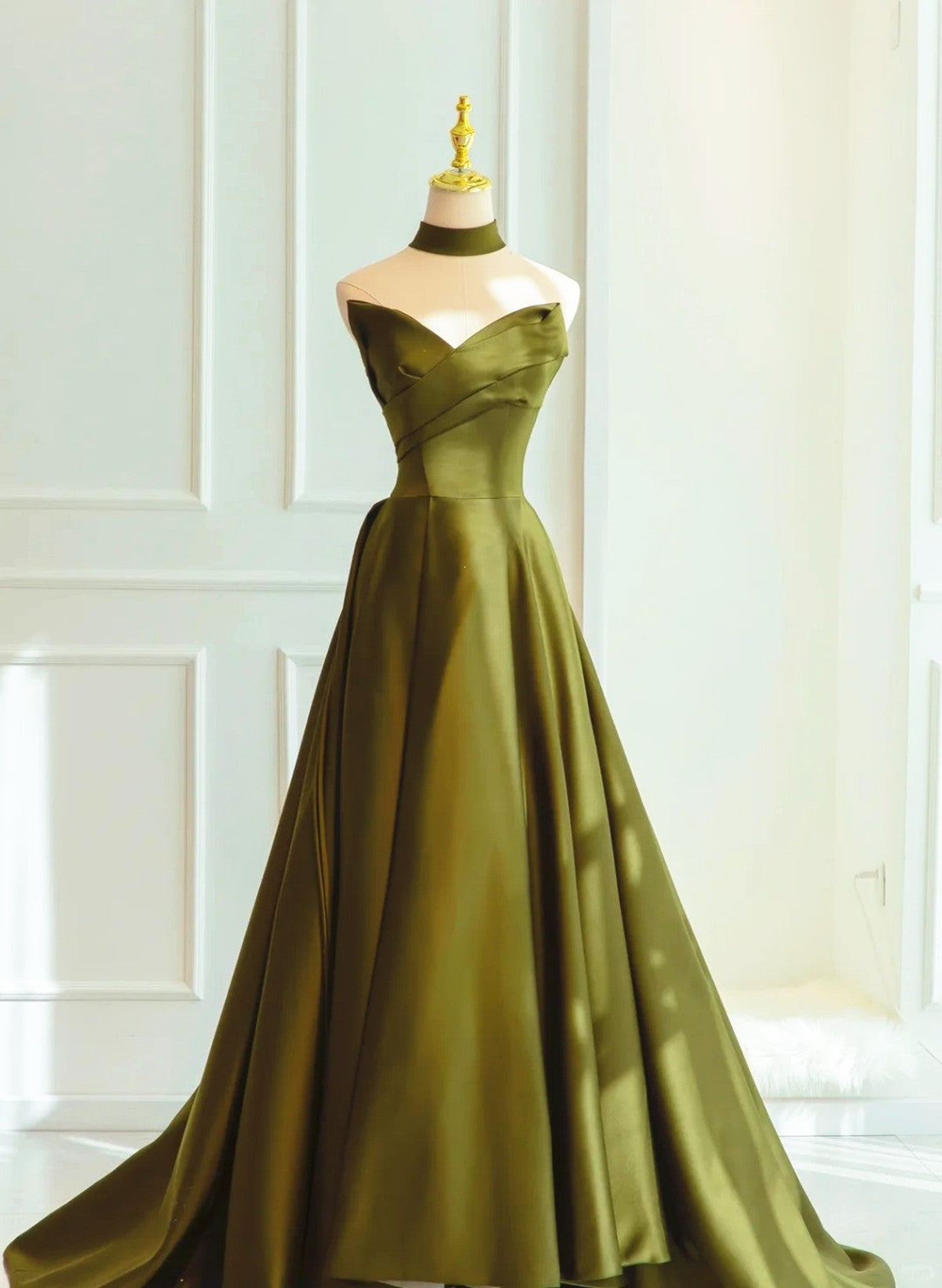 Green Satin Sweetheart Long A-line Prom Dress Evening Dress, Green Formal Dress