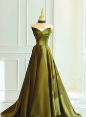 Green Satin Sweetheart Long A-line Prom Dress Evening Dress, Green Formal Dress