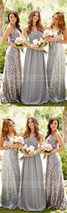 Strapless Grey Bridesmaid Dresses, Long Bling Bridesmaid Dresses, Sparkly Bridesmaid Dresses