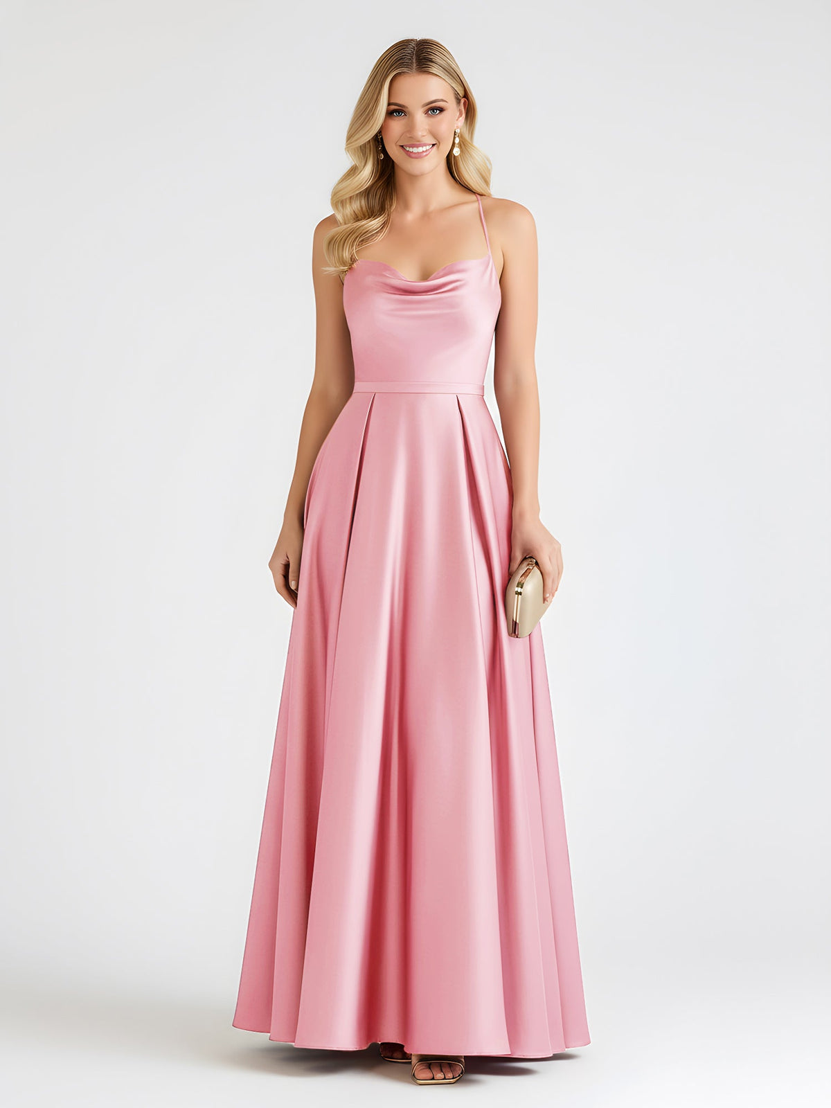 A-Line Satin Floor Length Cowl Neck Ruched Dresses Flamingo
