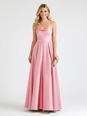 A-Line Satin Floor Length Cowl Neck Ruched Dresses Flamingo