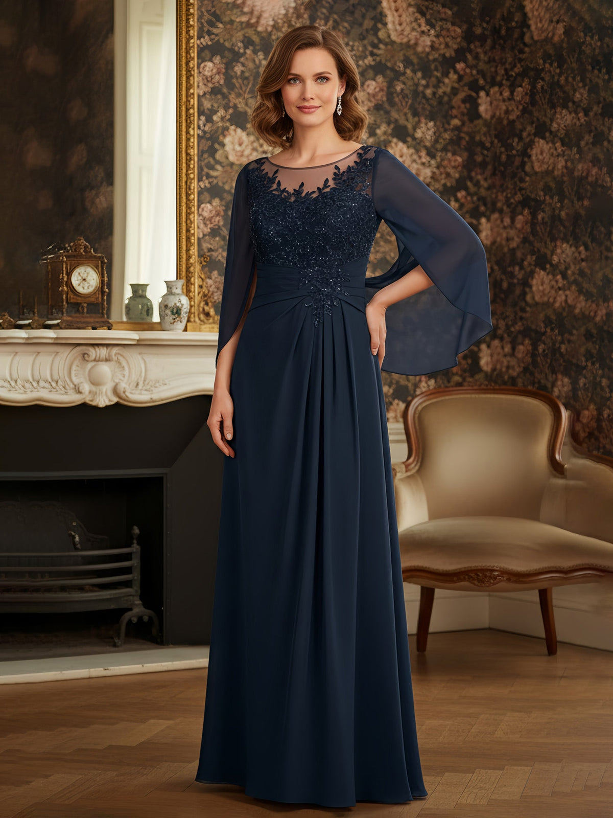 Scoop Illusion Neck A-Line Chiffon Lace Long Dress Dark Navy