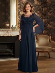 Scoop Illusion Neck A-Line Chiffon Lace Long Dress Dark Navy