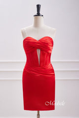 Red Strapless Keyhole Satin Sleeveless Bodycon Homecoming Dress