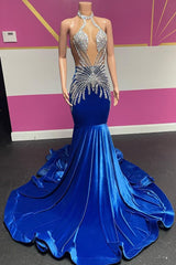 Royal Blue Halter Velvet Mermaid Silver kralen prom -jurken