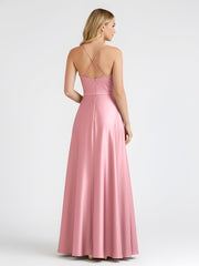 A-Line Satin Floor Length Cowl Neck Ruched Dresses Flamingo